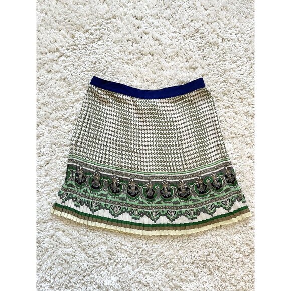Zara Basic S Scarf Print Pleated Skirt With Green & Navy Accents - Picture 1 of 3